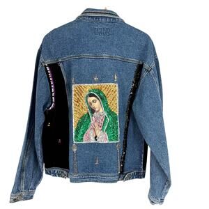 Prida Vintage 90s Y2K Virgin Mary Embroidered Denim Jacket M